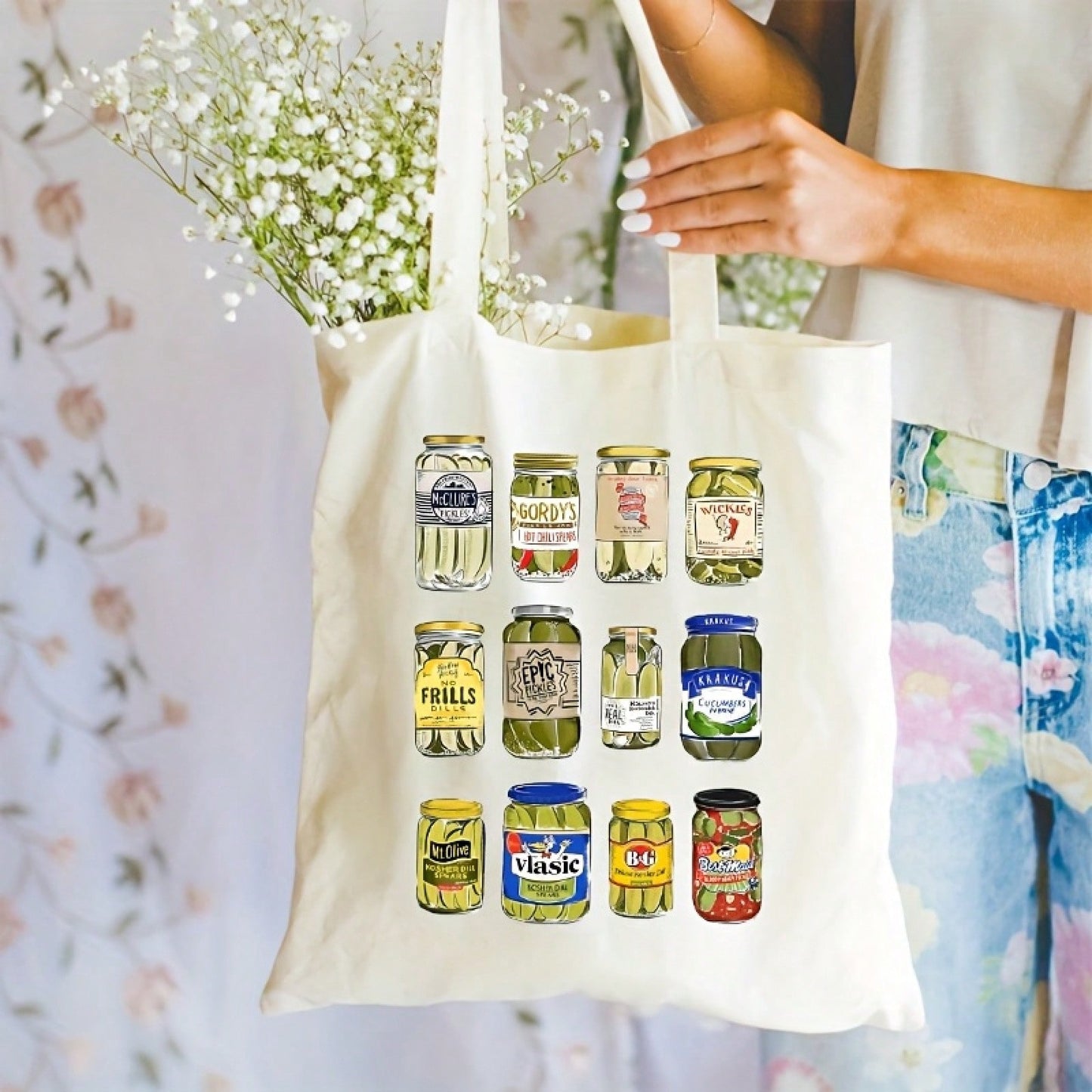Funny Vintage Pickle Jar Illustrations Canvas Tote Bag- Beige Casual Shoulder Bag With Colorful Canned Pickles Design, Machine Washable Durable Fabric, Top Handles For Daily Commute & Picnic- Quirky