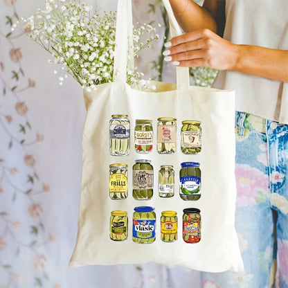 Funny Vintage Pickle Jar Illustrations Canvas Tote Bag- Beige Casual Shoulder Bag With Colorful Canned Pickles Design, Machine Washable Durable Fabric, Top Handles For Daily Commute & Picnic- Quirky
