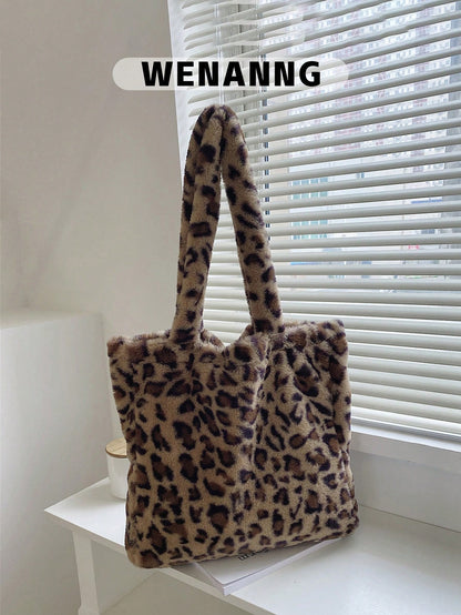 Fuzzy, Soft, Plush, Fluffy Leopard Fluffy Tote Bag For Girls, Women, College Students, Rookies & White-Collar Workers For Work, Office, Commute, For Autumn & Winter, Warm Winter, Outdoors, Leopard Pri