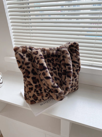 Fuzzy, Soft, Plush, Fluffy Leopard Fluffy Tote Bag For Girls, Women, College Students, Rookies & White-Collar Workers For Work, Office, Commute, For Autumn & Winter, Warm Winter, Outdoors, Leopard Pri