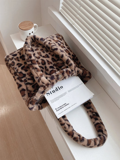 Fuzzy, Soft, Plush, Fluffy Leopard Fluffy Tote Bag For Girls, Women, College Students, Rookies & White-Collar Workers For Work, Office, Commute, For Autumn & Winter, Warm Winter, Outdoors, Leopard Pri