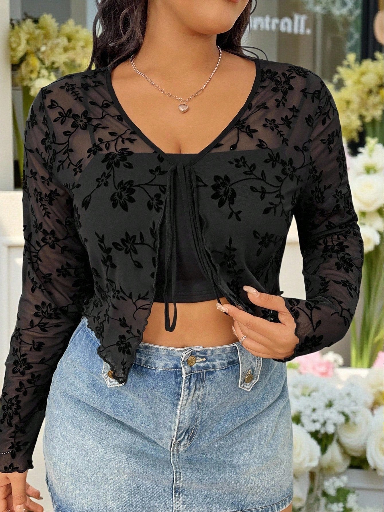 GalTyme Women's Plus Size Floral Flocked Pattern Top