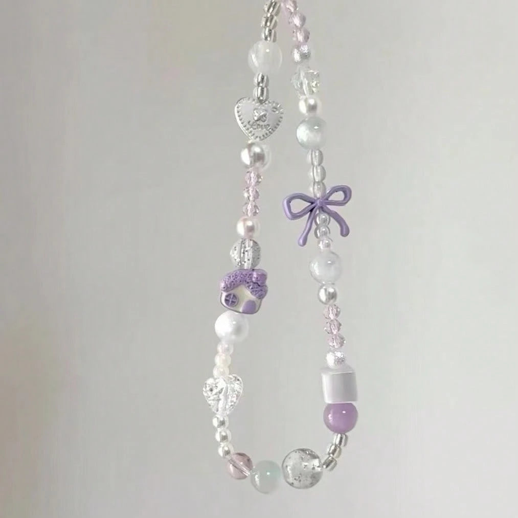 Gentle Taro Purple Beaded Phone Lanyard, Clear Crystal Beads Paired With Faux Pearl Splice, Purple Bow And Heart Charm Accents, Delicate Cartoon House Pendant, Ins Fresh Girly Vibe, Can Be Hung On Pho