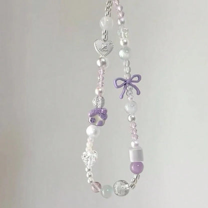 Gentle Taro Purple Beaded Phone Lanyard, Clear Crystal Beads Paired With Faux Pearl Splice, Purple Bow And Heart Charm Accents, Delicate Cartoon House Pendant, Ins Fresh Girly Vibe, Can Be Hung On Pho