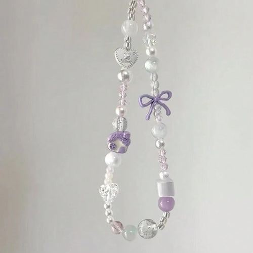 Gentle Taro Purple Beaded Phone Lanyard, Clear Crystal Beads Paired With Faux Pearl Splice, Purple Bow And Heart Charm Accents, Delicate Cartoon House Pendant, Ins Fresh Girly Vibe, Can Be Hung On Pho