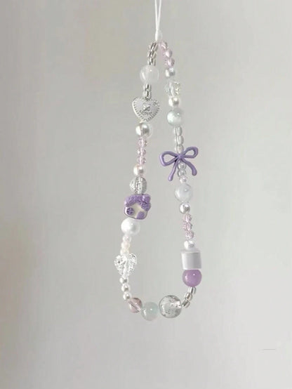Gentle Taro Purple Beaded Phone Lanyard, Clear Crystal Beads Paired With Faux Pearl Splice, Purple Bow And Heart Charm Accents, Delicate Cartoon House Pendant, Ins Fresh Girly Vibe, Can Be Hung On Pho