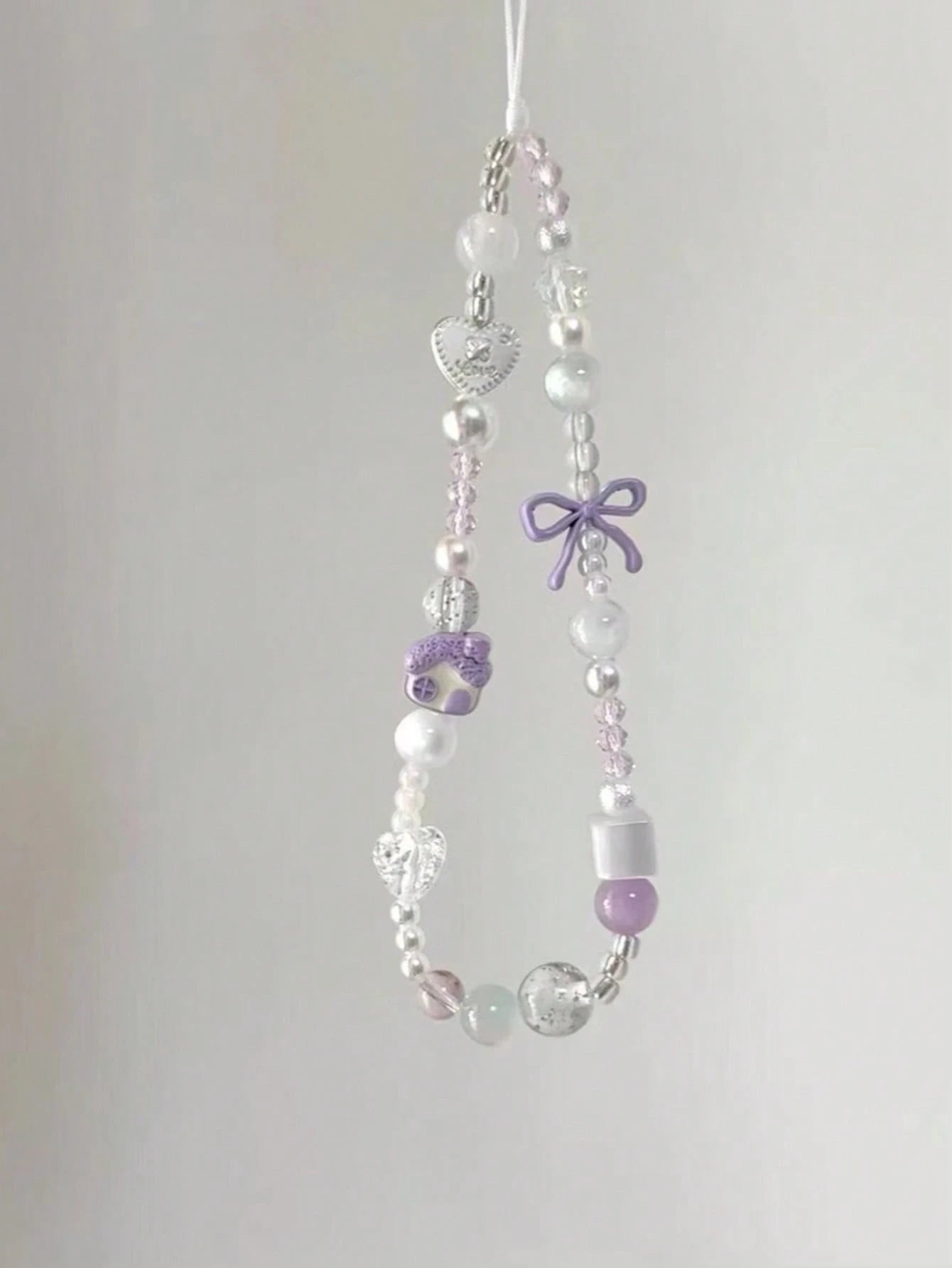Gentle Taro Purple Beaded Phone Lanyard, Clear Crystal Beads Paired With Faux Pearl Splice, Purple Bow And Heart Charm Accents, Delicate Cartoon House Pendant, Ins Fresh Girly Vibe, Can Be Hung On Pho