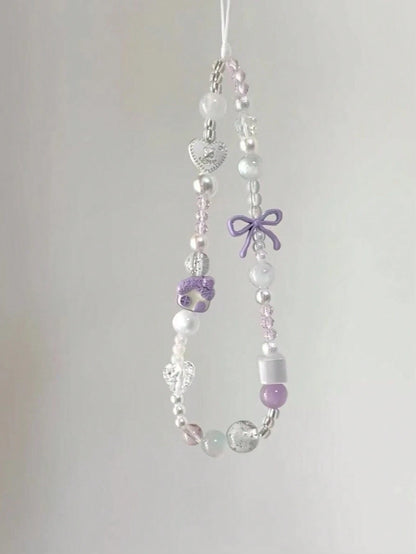 Gentle Taro Purple Beaded Phone Lanyard, Clear Crystal Beads Paired With Faux Pearl Splice, Purple Bow And Heart Charm Accents, Delicate Cartoon House Pendant, Ins Fresh Girly Vibe, Can Be Hung On Pho