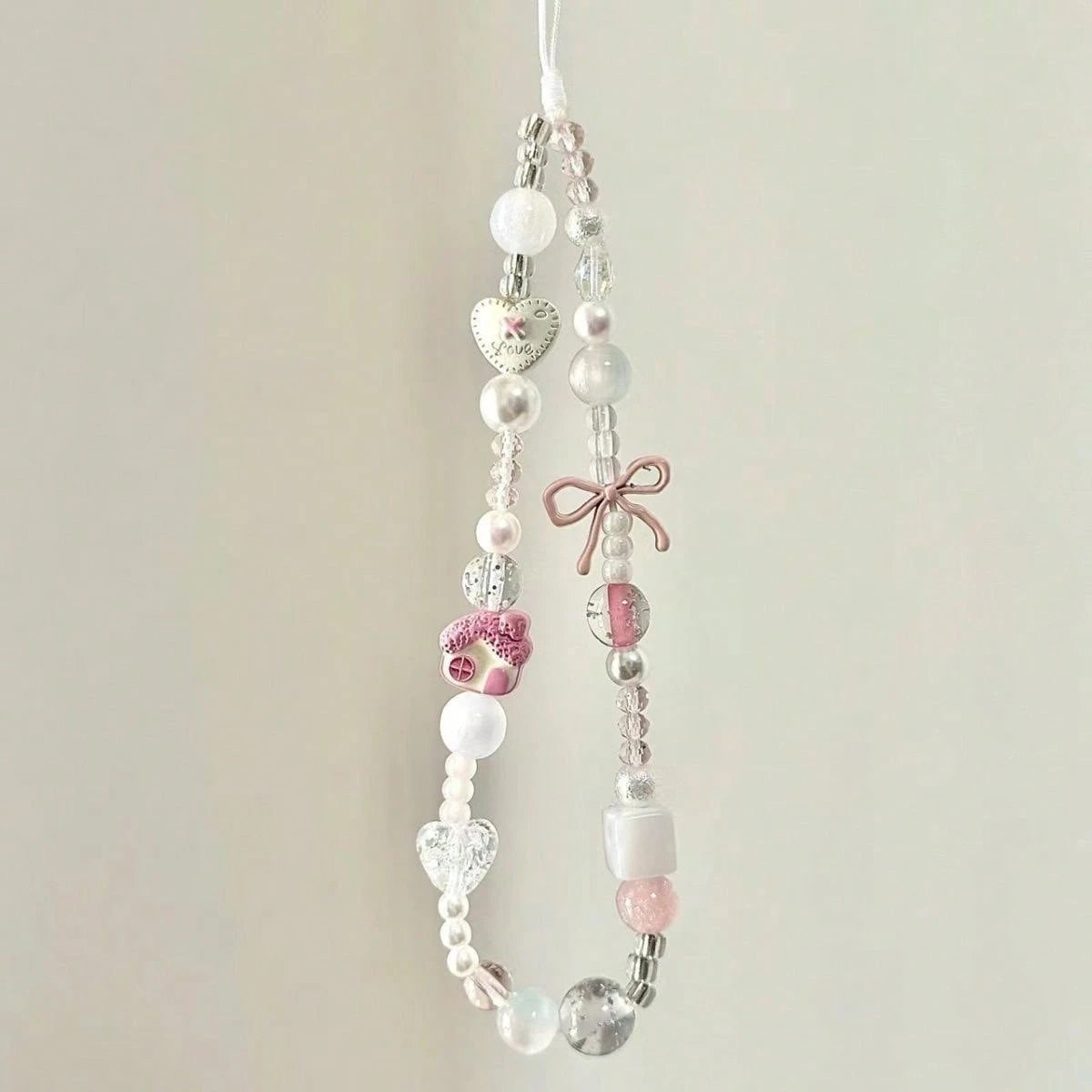 Gentle Taro Purple Beaded Phone Lanyard, Clear Crystal Beads Paired With Faux Pearl Splice, Purple Bow And Heart Charm Accents, Delicate Cartoon House Pendant, Ins Fresh Girly Vibe, Can Be Hung On Pho