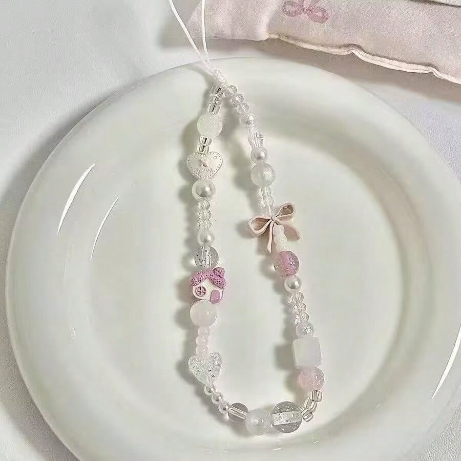 Gentle Taro Purple Beaded Phone Lanyard, Clear Crystal Beads Paired With Faux Pearl Splice, Purple Bow And Heart Charm Accents, Delicate Cartoon House Pendant, Ins Fresh Girly Vibe, Can Be Hung On Pho