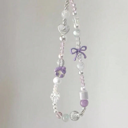 Gentle Taro Purple Beaded Phone Lanyard, Clear Crystal Beads Paired With Faux Pearl Splice, Purple Bow And Heart Charm Accents, Delicate Cartoon House Pendant, Ins Fresh Girly Vibe, Can Be Hung On Pho