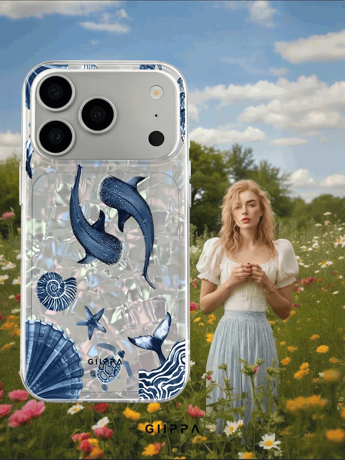 GIIPPA Blue Whale & Ocean Pattern Design Phone 17 Pro Max Phone Case, Compatible With Phone 16 Pro Max, 15 Pro Max, 14 Pro Max, 11/12/13/14/15/16 Pro Max Plus, Korean Style High-End Fashion Fun Elegan