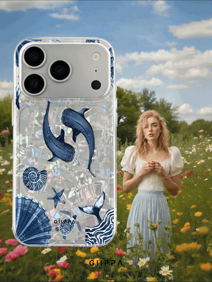 GIIPPA Blue Whale & Ocean Pattern Design Phone 17 Pro Max Phone Case, Compatible With Phone 16 Pro Max, 15 Pro Max, 14 Pro Max, 11/12/13/14/15/16 Pro Max Plus, Korean Style High-End Fashion Fun Elegan