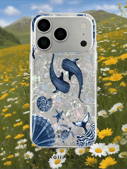 GIIPPA Blue Whale & Ocean Pattern Design Phone 17 Pro Max Phone Case, Compatible With Phone 16 Pro Max, 15 Pro Max, 14 Pro Max, 11/12/13/14/15/16 Pro Max Plus, Korean Style High-End Fashion Fun Elegan