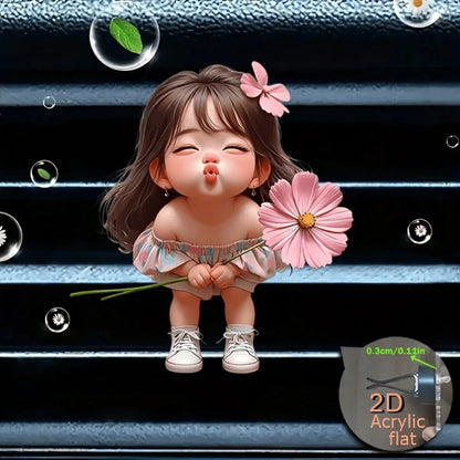Girl Holding Bouquet, With Decorative Clip. This Car Acrylic Fragrance Diffuser Can Self-Scent, It's A Car Accessory, An Ideal Holiday Gift For Friends And Family.