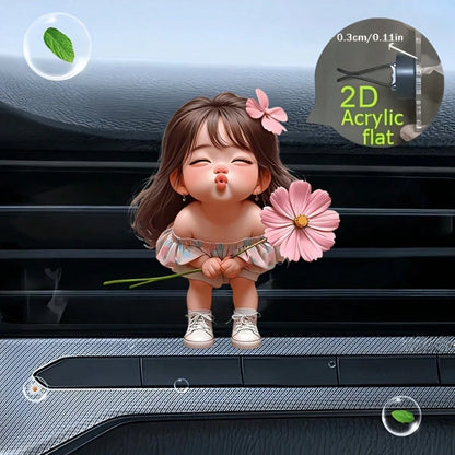 Girl Holding Bouquet, With Decorative Clip. This Car Acrylic Fragrance Diffuser Can Self-Scent, It's A Car Accessory, An Ideal Holiday Gift For Friends And Family.