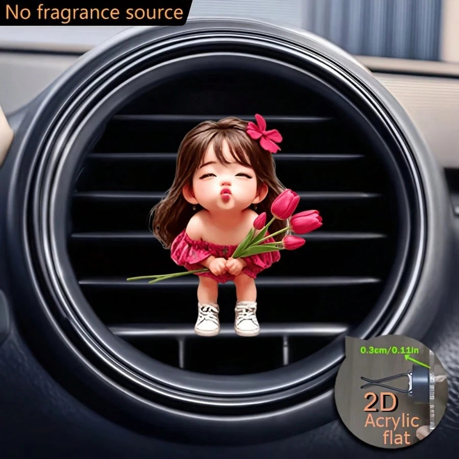 Girl Holding Bouquet, With Decorative Clip. This Car Acrylic Fragrance Diffuser Can Self-Scent, It's A Car Accessory, An Ideal Holiday Gift For Friends And Family.