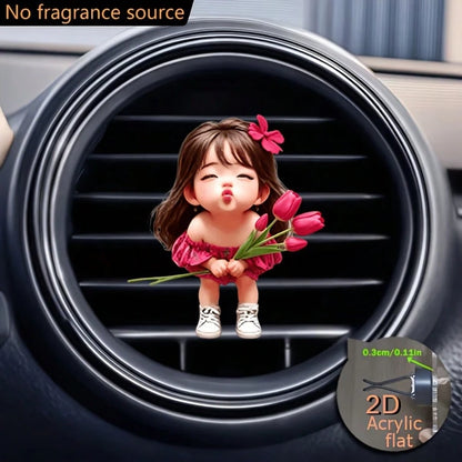 Girl Holding Bouquet, With Decorative Clip. This Car Acrylic Fragrance Diffuser Can Self-Scent, It's A Car Accessory, An Ideal Holiday Gift For Friends And Family.