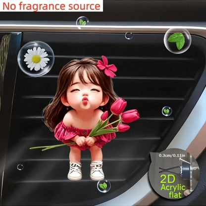Girl Holding Bouquet, With Decorative Clip. This Car Acrylic Fragrance Diffuser Can Self-Scent, It's A Car Accessory, An Ideal Holiday Gift For Friends And Family.