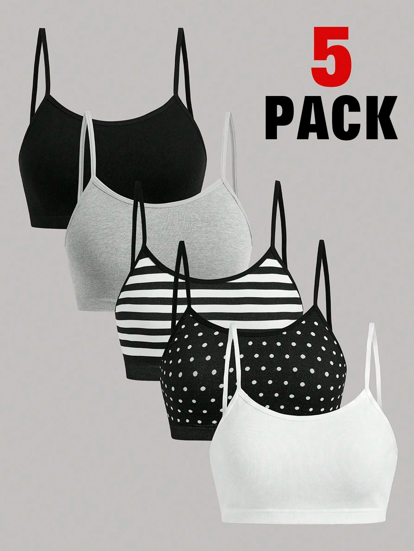 Girlism Kids Teen Girls 5pcs All-Season Striped And Polka Dot Knitwear Set, Simple And Comfortable Camisole And Bra Set, Perfect For Back To School