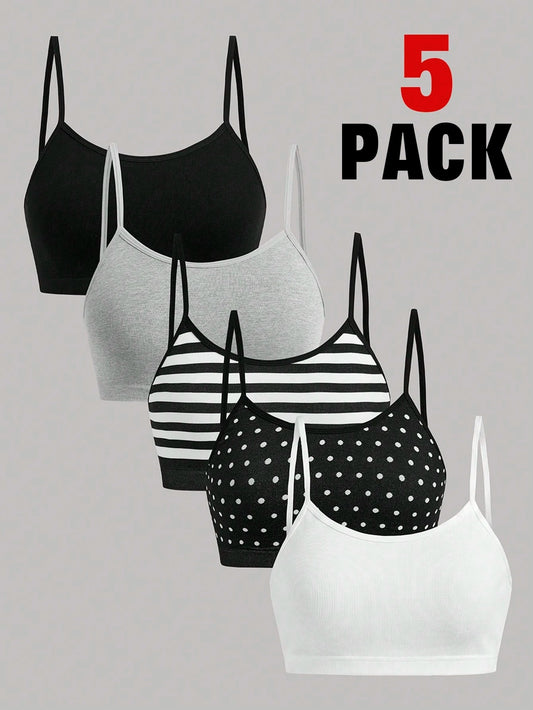 Girlism Kids Teen Girls 5pcs All-Season Striped And Polka Dot Knitwear Set, Simple And Comfortable Camisole And Bra Set, Perfect For Back To School