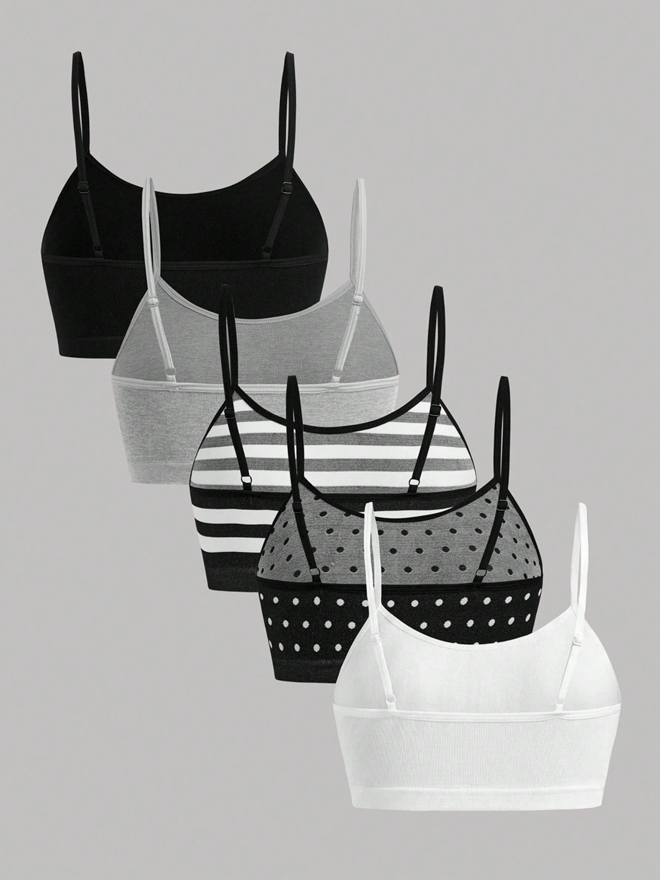 Girlism Kids Teen Girls 5pcs All-Season Striped And Polka Dot Knitwear Set, Simple And Comfortable Camisole And Bra Set, Perfect For Back To School