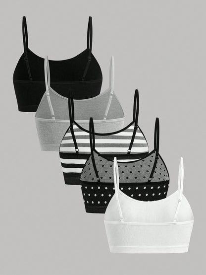 Girlism Kids Teen Girls 5pcs All-Season Striped And Polka Dot Knitwear Set, Simple And Comfortable Camisole And Bra Set, Perfect For Back To School