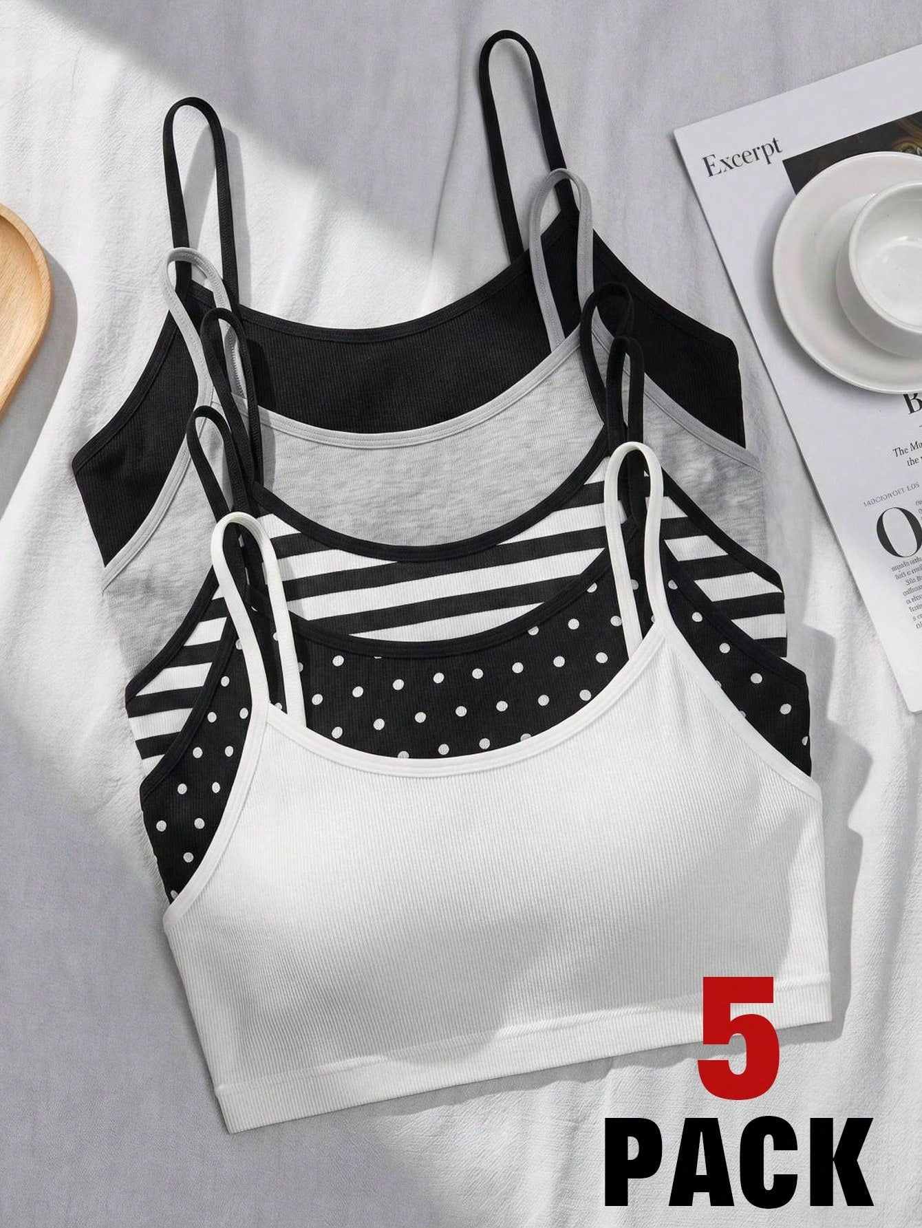 Girlism Kids Teen Girls 5pcs All-Season Striped And Polka Dot Knitwear Set, Simple And Comfortable Camisole And Bra Set, Perfect For Back To School