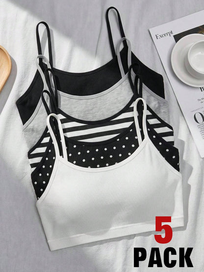 Girlism Kids Teen Girls 5pcs All-Season Striped And Polka Dot Knitwear Set, Simple And Comfortable Camisole And Bra Set, Perfect For Back To School