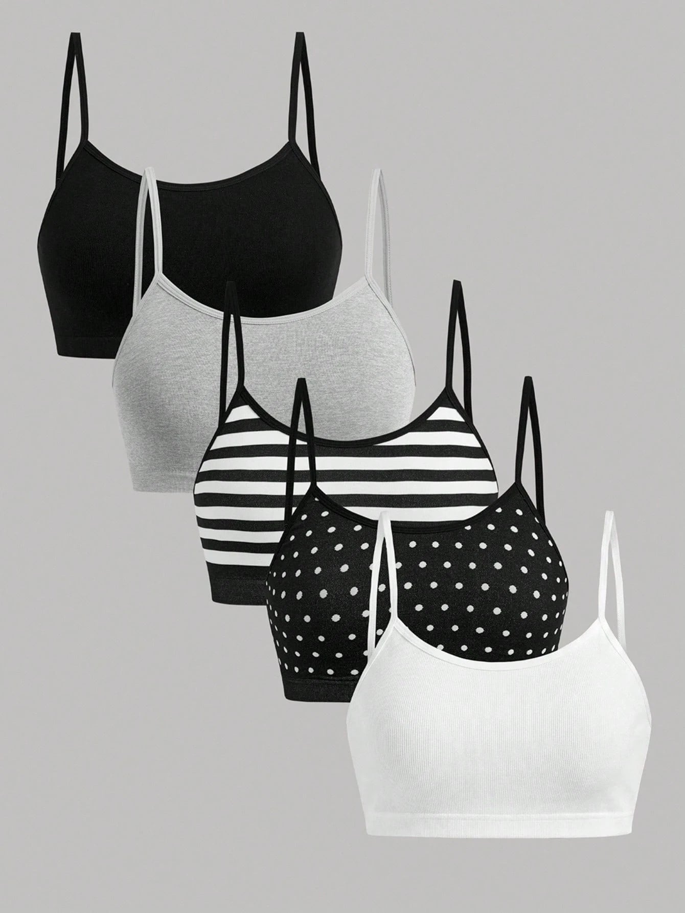 Girlism Kids Teen Girls 5pcs All-Season Striped And Polka Dot Knitwear Set, Simple And Comfortable Camisole And Bra Set, Perfect For Back To School