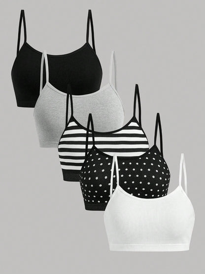 Girlism Kids Teen Girls 5pcs All-Season Striped And Polka Dot Knitwear Set, Simple And Comfortable Camisole And Bra Set, Perfect For Back To School