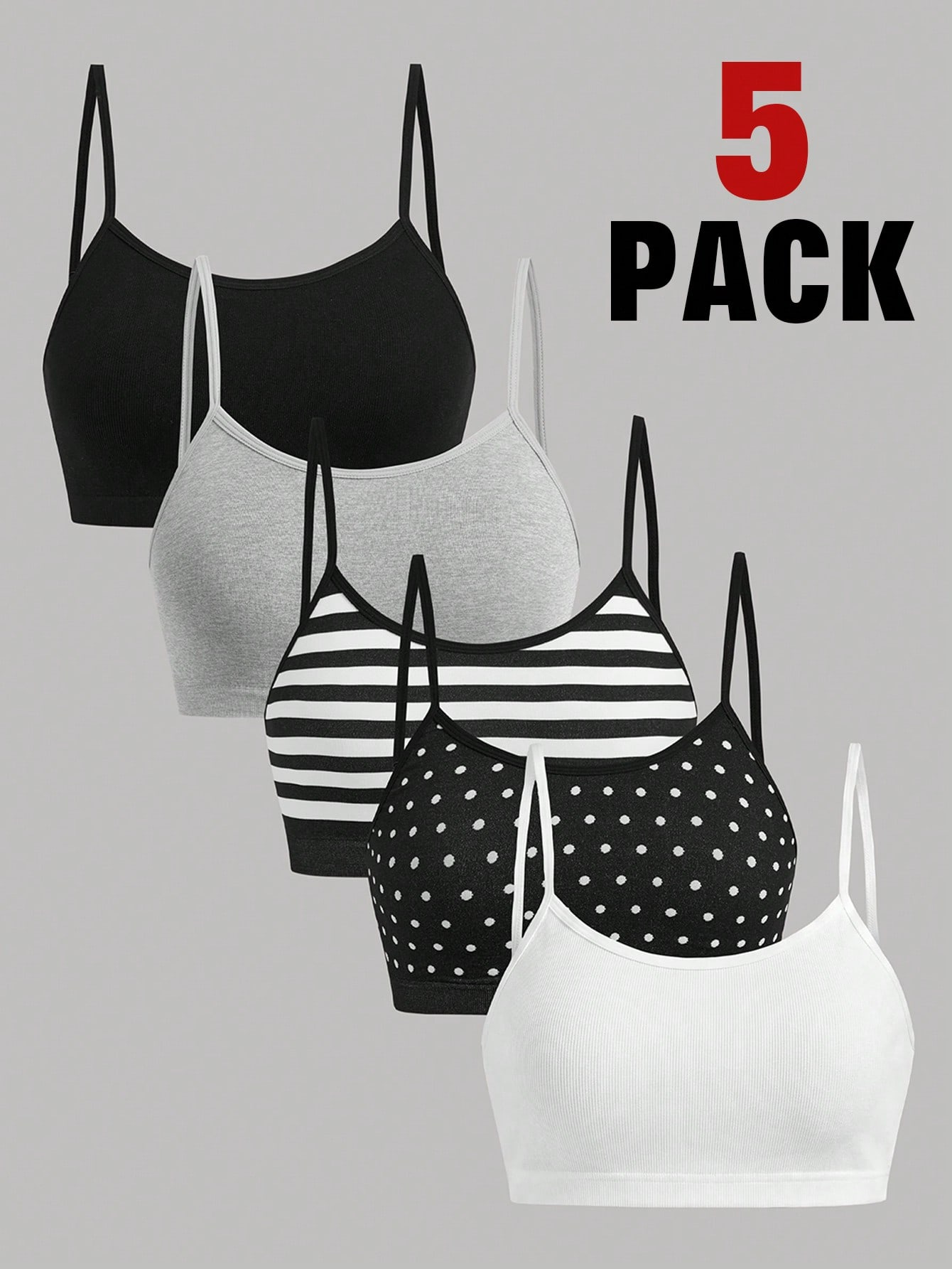 Girlism Kids Teen Girls 5pcs All-Season Striped And Polka Dot Knitwear Set, Simple And Comfortable Camisole And Bra Set, Perfect For Back To School