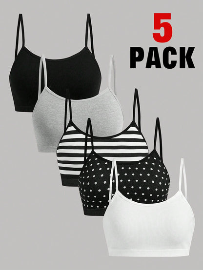 Girlism Kids Teen Girls 5pcs All-Season Striped And Polka Dot Knitwear Set, Simple And Comfortable Camisole And Bra Set, Perfect For Back To School