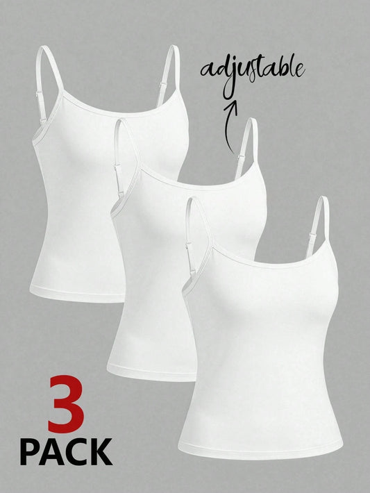 Girlism Kids Teen Girls Undershirt 3pcs New White Knitted Camisole, Simple, Comfortable, And Slim Fit, Perfect For Back-To-School Season, Inner Wear