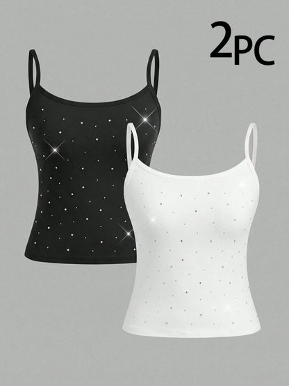 Girlism Teen Girl Teen Girls 2pcs Fashion Rhinestone Simple Comfortable Skin-Friendly Tight Camisole Underwear Set