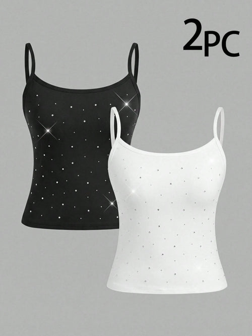 Girlism Teen Girl Teen Girls 2pcs Fashion Rhinestone Simple Comfortable Skin-Friendly Tight Camisole Underwear Set