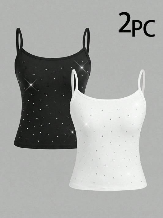 Girlism Teen Girl Teen Girls 2pcs Fashion Rhinestone Simple Comfortable Skin-Friendly Tight Camisole Underwear Set