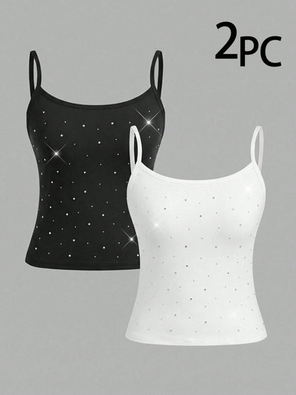 Girlism Teen Girl Teen Girls 2pcs Fashion Rhinestone Simple Comfortable Skin-Friendly Tight Camisole Underwear Set