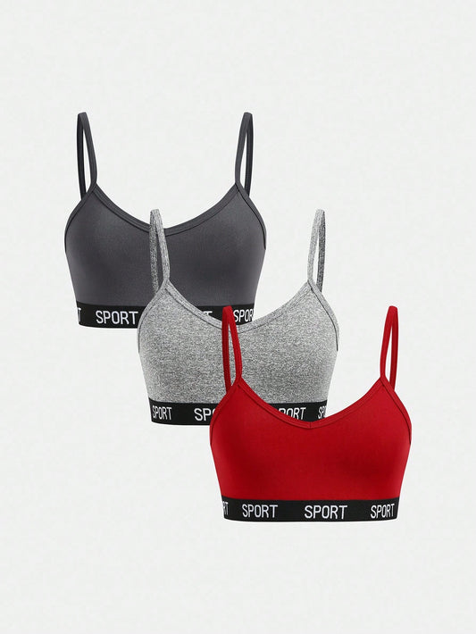 Girlism Teen Girls 3pcs Minimalist Letter Elastic Cami Bralette Set Athletic Bras Multi-Pack Bras Bra Pack Sport Top Sports Bras