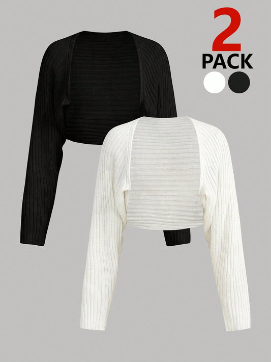 Girlism Teen Girls Cardigans Autumn/Winter New Black & White Casual Versatile Minimalist Solid Color Cropped Chunky Knit Texture Short Cardigan, Sun Protection Daily All-Match Cardigan