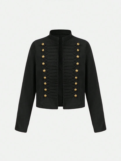 Girlism Tween Girl Tween Girls Jackets Autumn/Winter New Black Elegant Fashion Frog Button Metal Stand Collar Short Jacket Party Coat