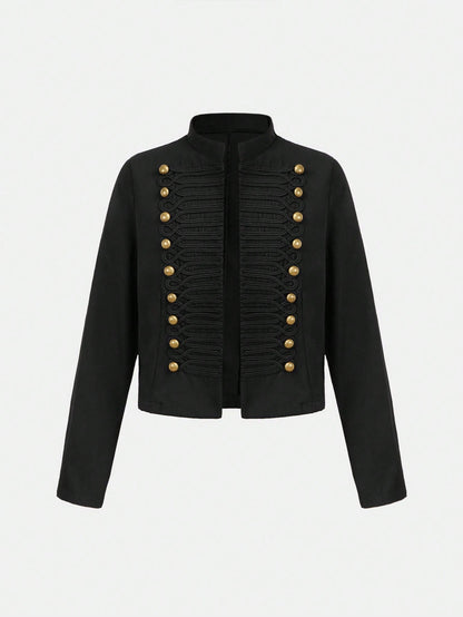 Girlism Tween Girl Tween Girls Jackets Autumn/Winter New Black Elegant Fashion Frog Button Metal Stand Collar Short Jacket Party Coat