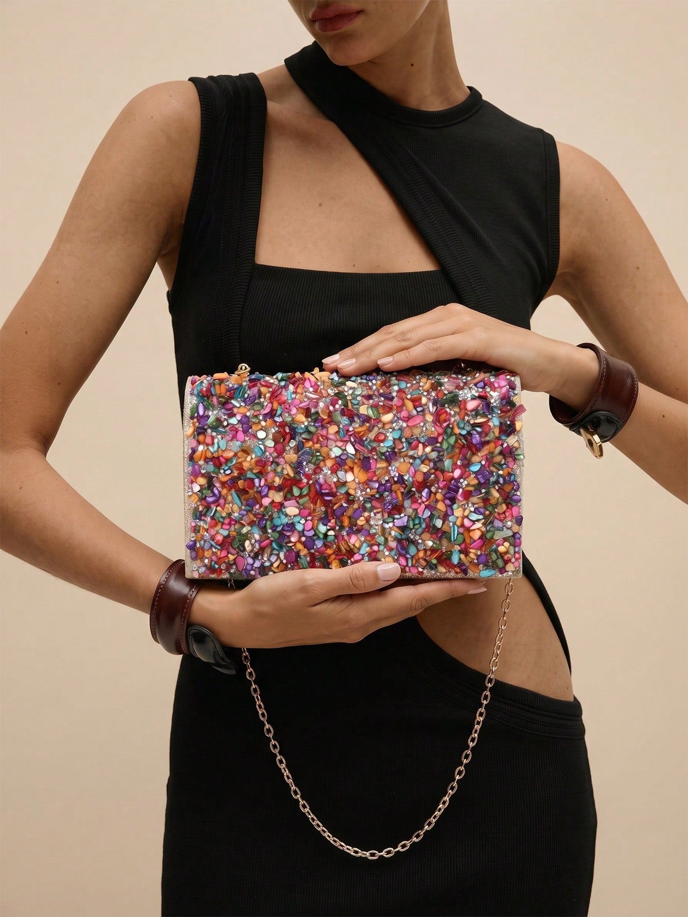 Glamine 1pc Colorful Seashell Stone Crystal Clutch Shoulder Crossbody Bag With Flap Cover For Women Daily Or Evening Use