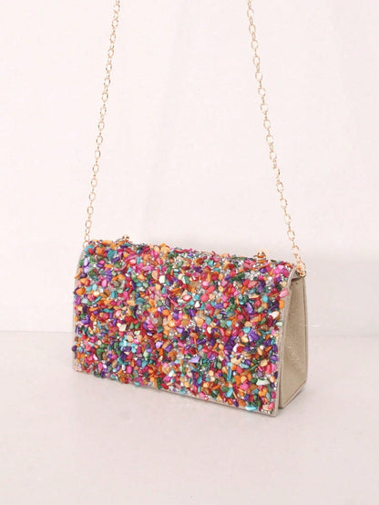 Glamine 1pc Colorful Seashell Stone Crystal Clutch Shoulder Crossbody Bag With Flap Cover For Women Daily Or Evening Use