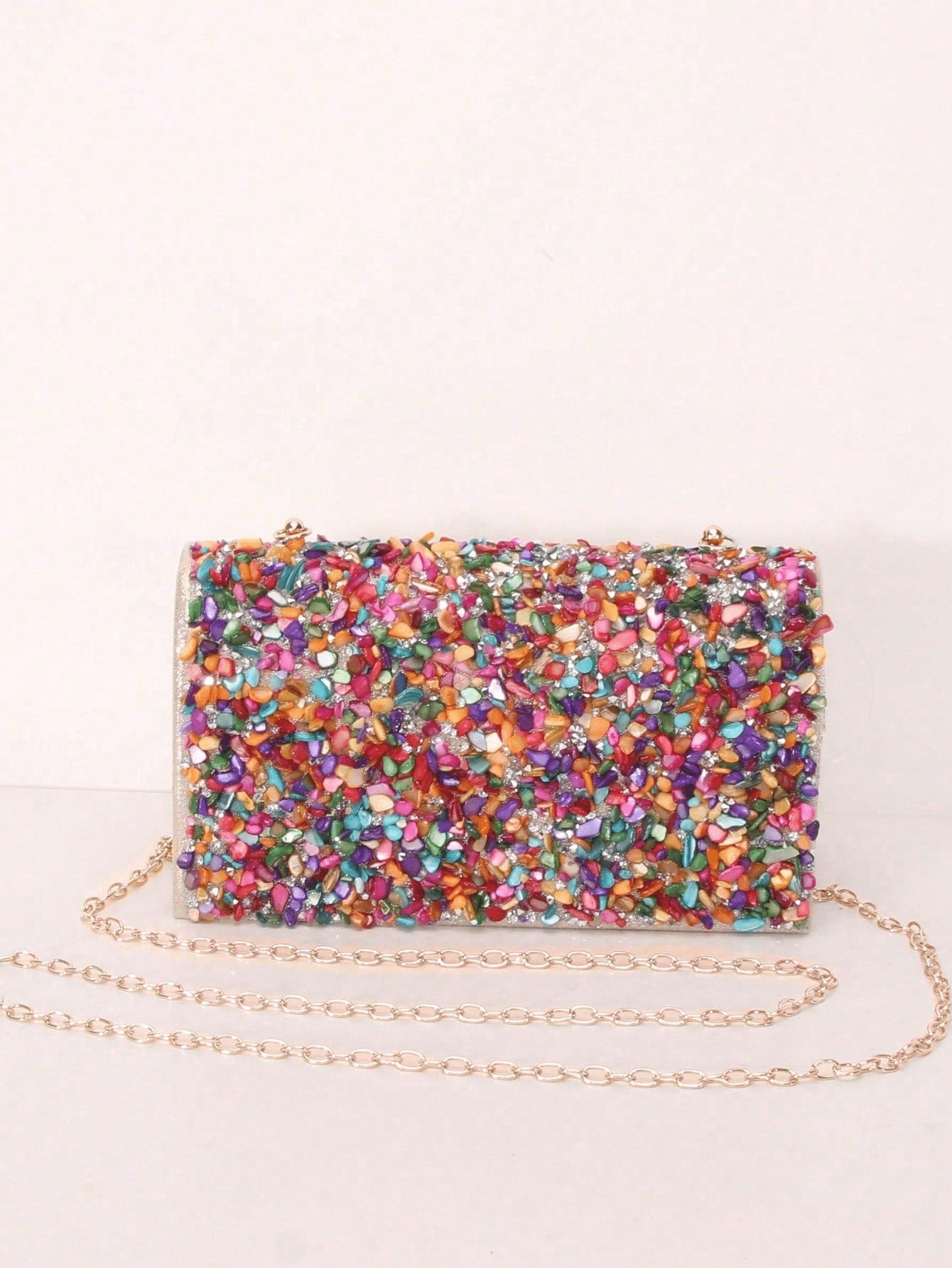 Glamine 1pc Colorful Seashell Stone Crystal Clutch Shoulder Crossbody Bag With Flap Cover For Women Daily Or Evening Use