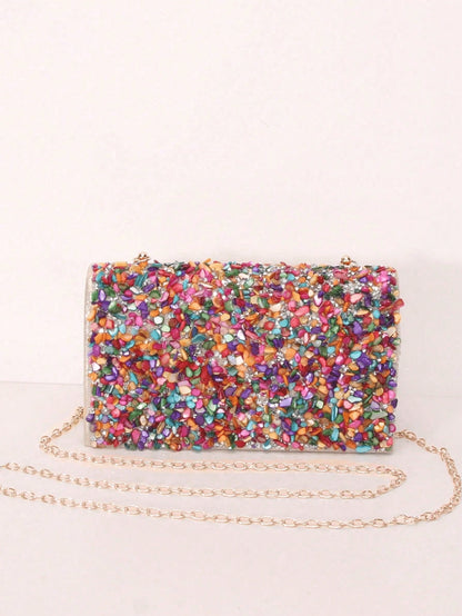 Glamine 1pc Colorful Seashell Stone Crystal Clutch Shoulder Crossbody Bag With Flap Cover For Women Daily Or Evening Use