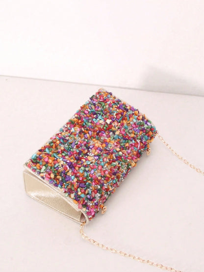 Glamine 1pc Colorful Seashell Stone Crystal Clutch Shoulder Crossbody Bag With Flap Cover For Women Daily Or Evening Use