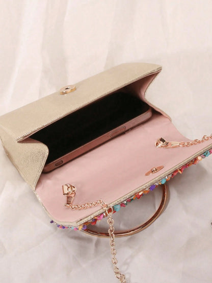 Glamine 1pc Colorful Seashell Stone Crystal Clutch Shoulder Crossbody Bag With Flap Cover For Women Daily Or Evening Use
