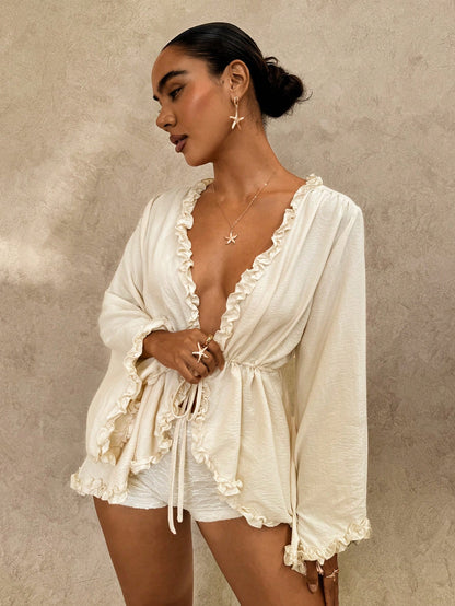 Glamine Ruffle Cinched Waist Loose Top For Women