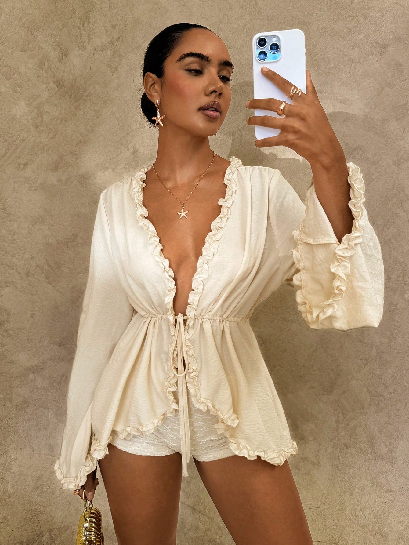 Glamine Ruffle Cinched Waist Loose Top For Women
